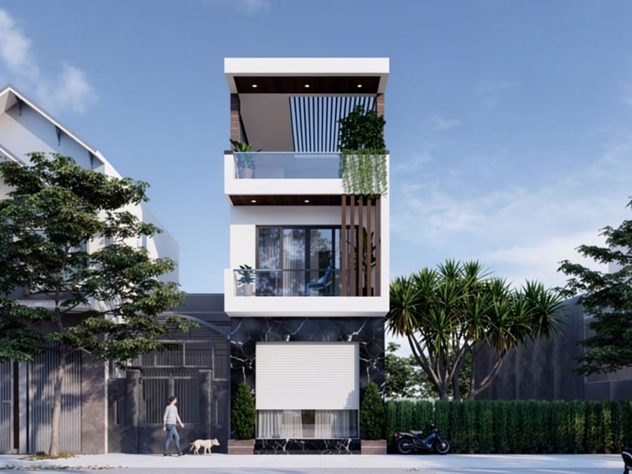 Mẫu nhà 2 tầng có gác lửng 5x10m có sân thượng