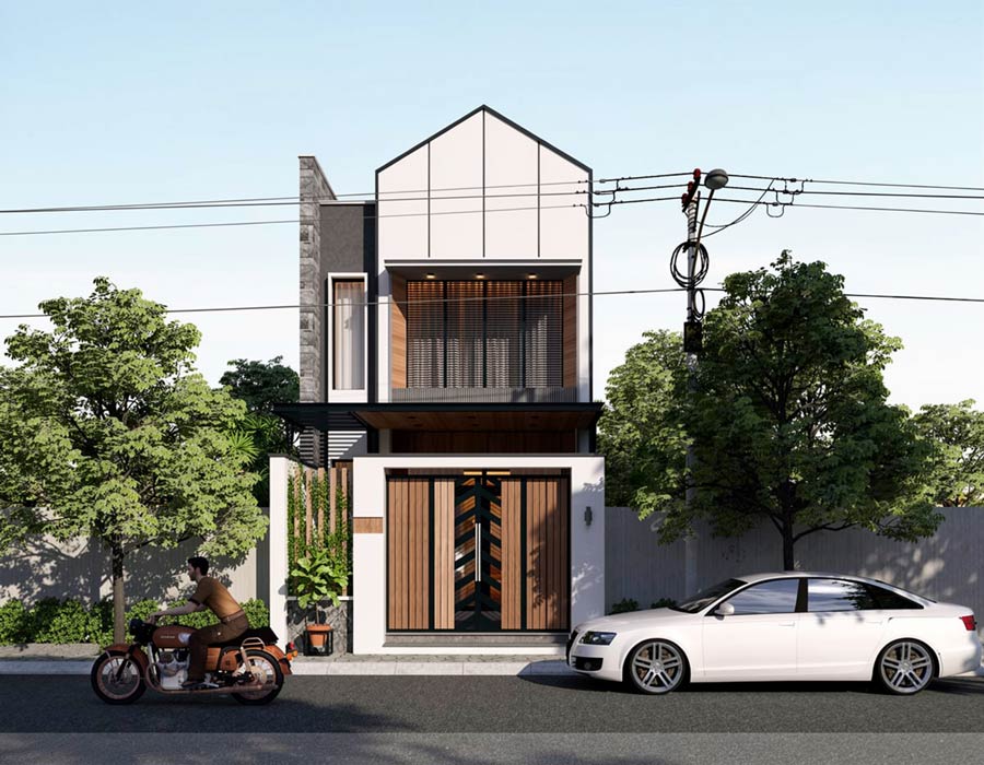 Mẫu nhà 2 tầng có gác lửng 5x10m có sân vườn