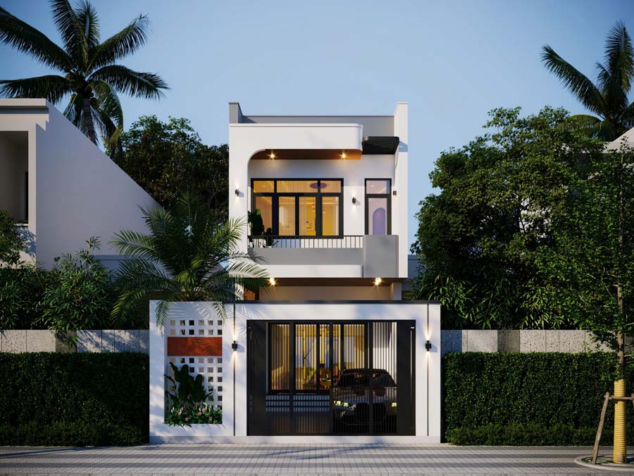 Mẫu nhà 2 tầng có gác lửng 5x10m có sân vườn