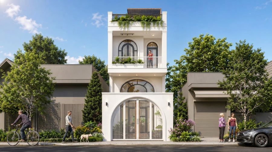 Mẫu nhà 2 tầng có gác lửng 5x10m hiện đại