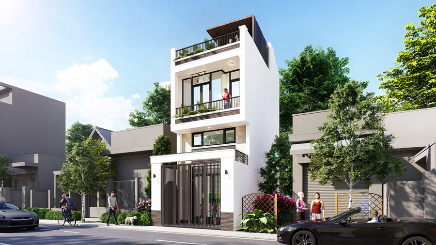 Mẫu nhà 2 tầng có gác lửng 5x10m mái bằng