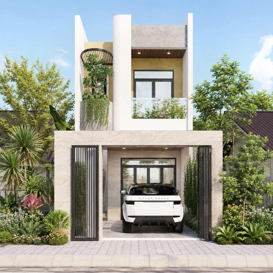 Mẫu nhà 2 tầng có gác lửng 5x10m thiết kế tối giản