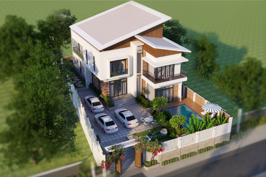 Mẫu nhà 2 tầng mặt tiền 11m có hồ bơi