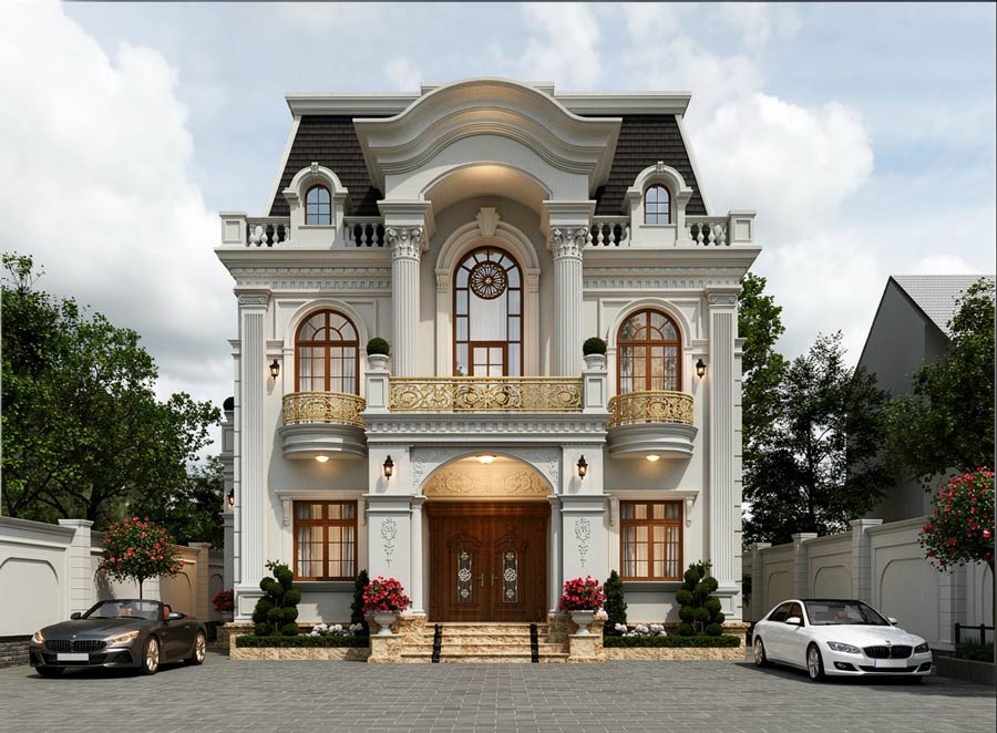 Mẫu nhà 2 tầng mặt tiền 11m cổ điển Pháp