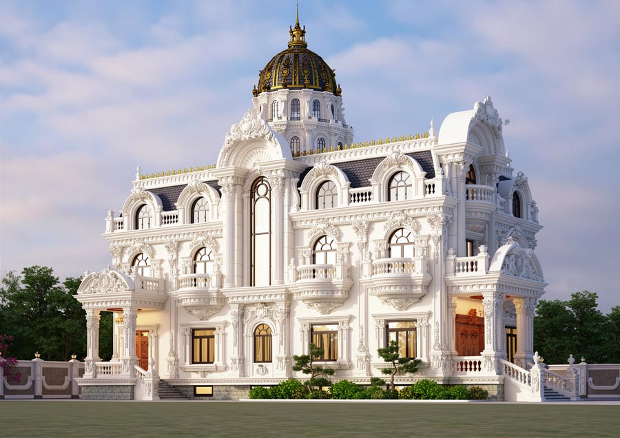 Mẫu nhà 2 tầng mặt tiền 11m mái Mansard