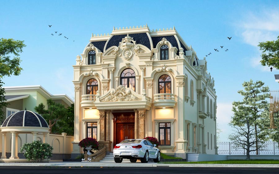 Mẫu nhà 2 tầng mặt tiền 11m mái Mansard