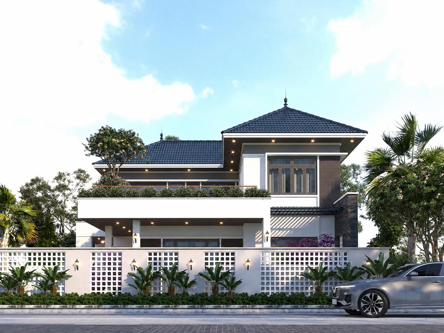 Mẫu nhà 2 tầng mặt tiền 11m mái Nhật