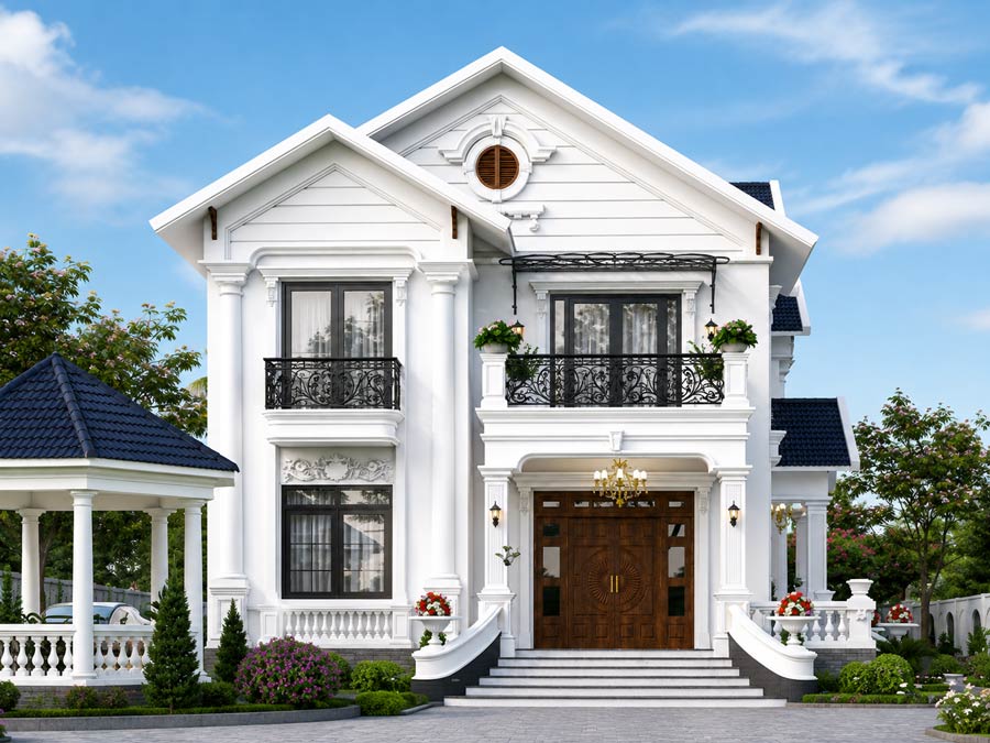 Mẫu nhà 2 tầng mặt tiền 11m mái Thái