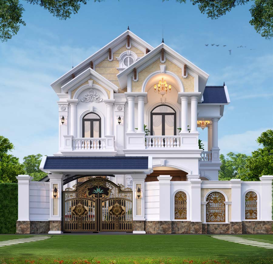 Mẫu nhà 2 tầng mặt tiền 11m mái Thái