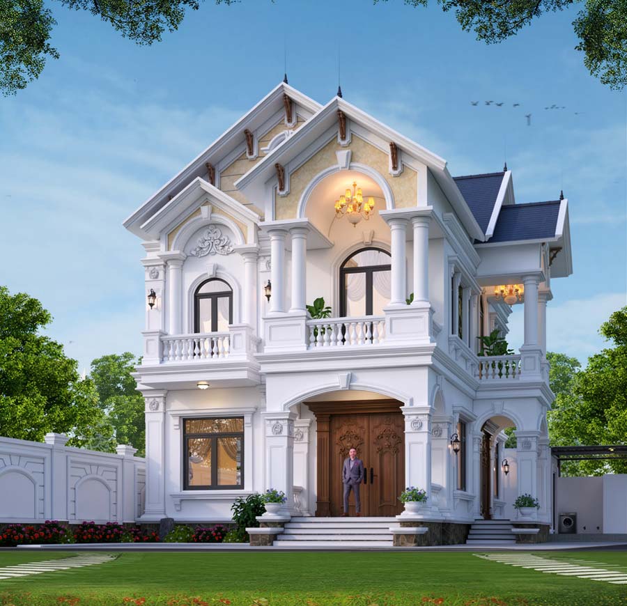 Mẫu nhà 2 tầng mặt tiền 11m mái Thái