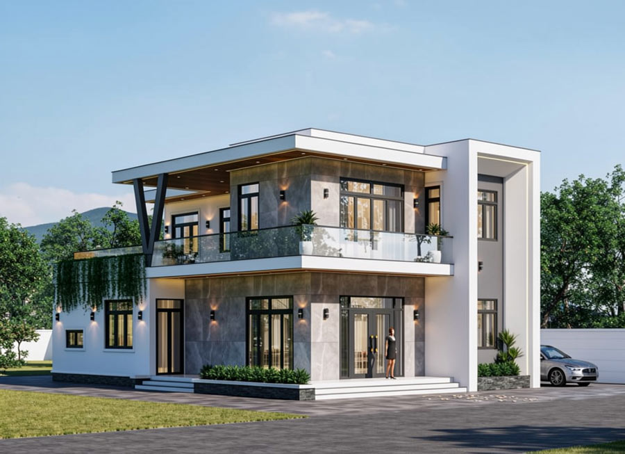 Mẫu nhà 2 tầng mặt tiền 11m mái bằng