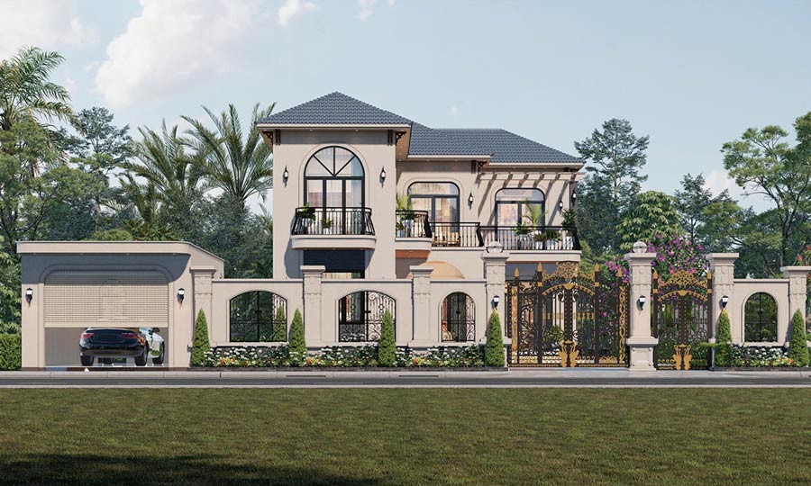 Mẫu nhà 2 tầng mặt tiền 11m phong cách Indochine
