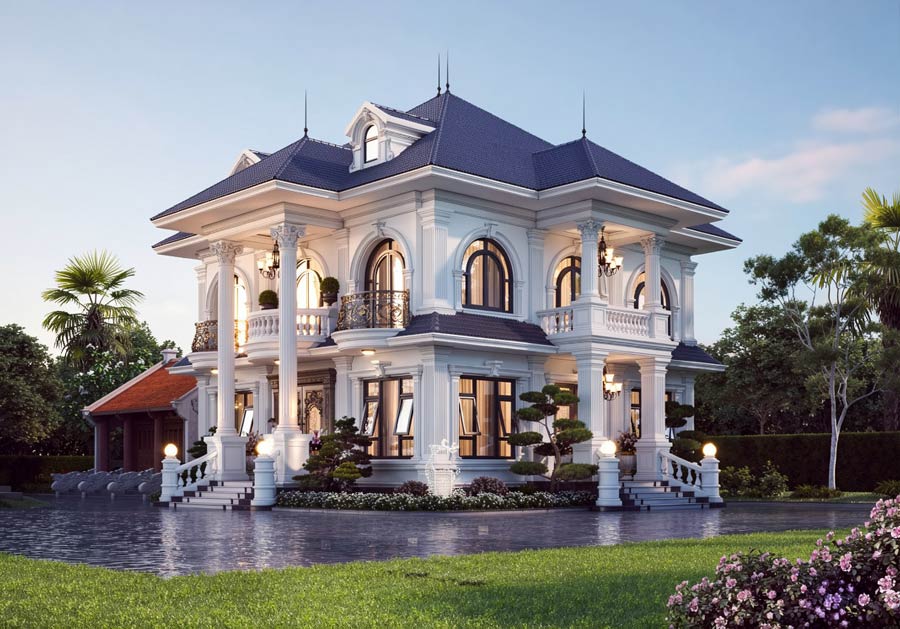 Mẫu nhà 2 tầng mặt tiền 11m tân cổ điển