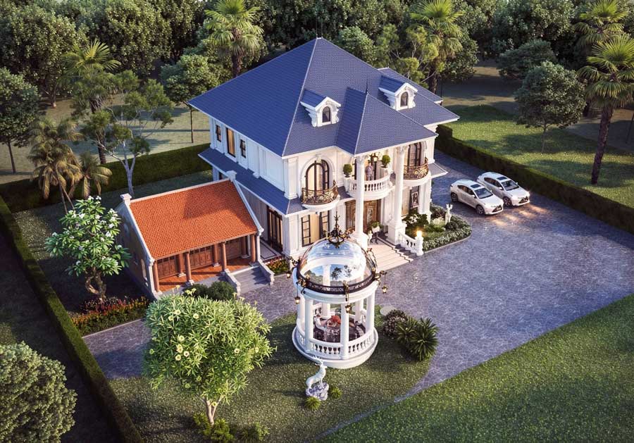 Mẫu nhà 2 tầng mặt tiền 11m tân cổ điển