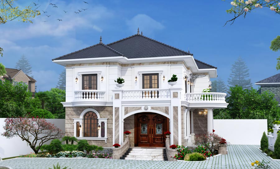 Mẫu nhà 2 tầng mặt tiền 11m tân cổ điển