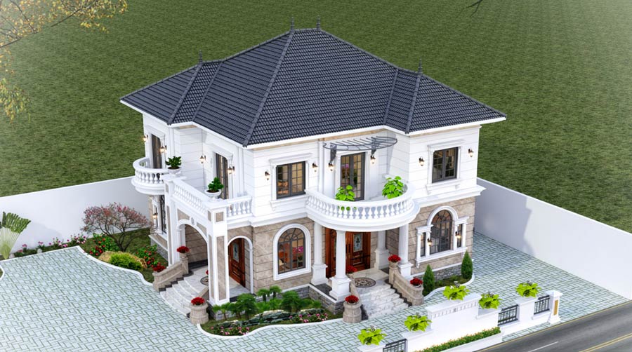 Mẫu nhà 2 tầng mặt tiền 11m tân cổ điển