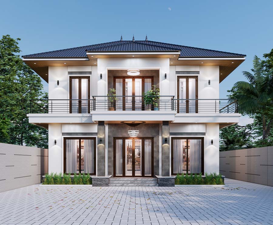 Mẫu nhà 2 tầng mặt tiền 12m 4 phòng ngủ