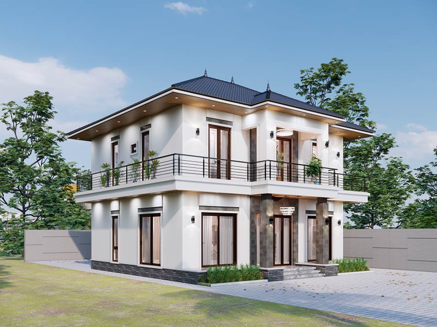 Mẫu nhà 2 tầng mặt tiền 12m 4 phòng ngủ