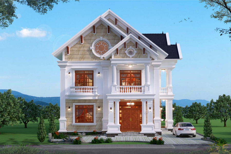 Mẫu nhà 2 tầng mặt tiền 12m tân cổ điển
