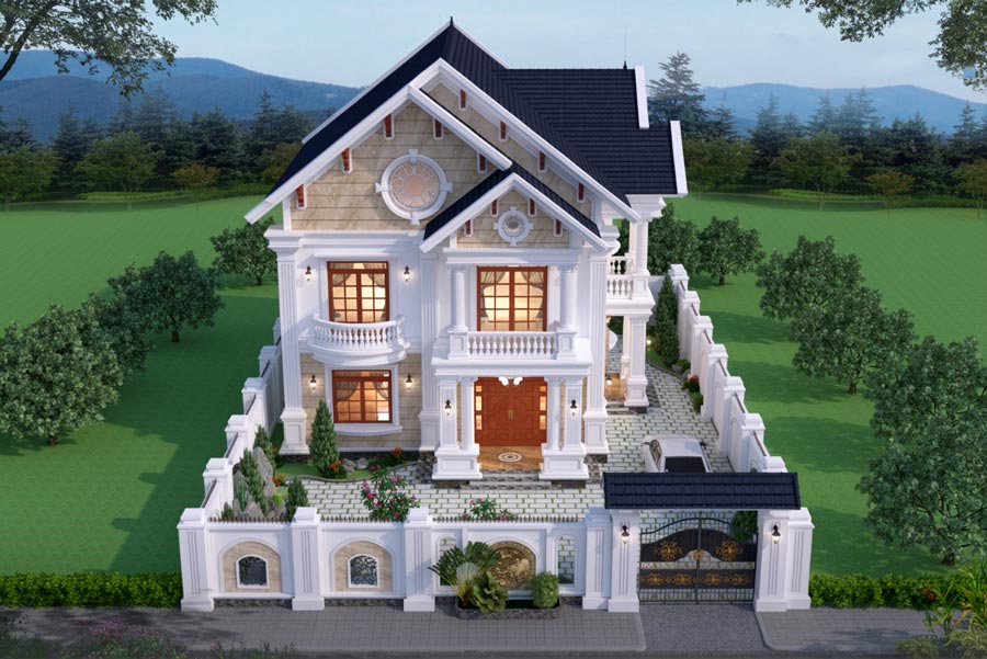 Mẫu nhà 2 tầng mặt tiền 12m tân cổ điển