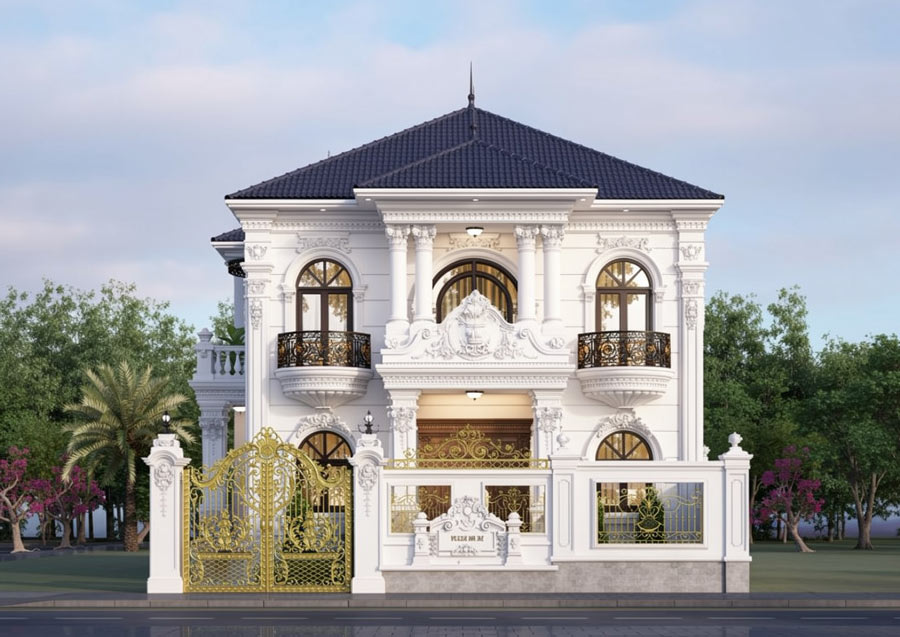Mẫu nhà 2 tầng mặt tiền 12m tân cổ điển