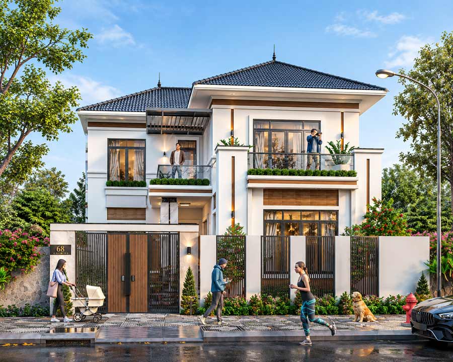 Mẫu nhà 2 tầng mặt tiền 12m chữ L