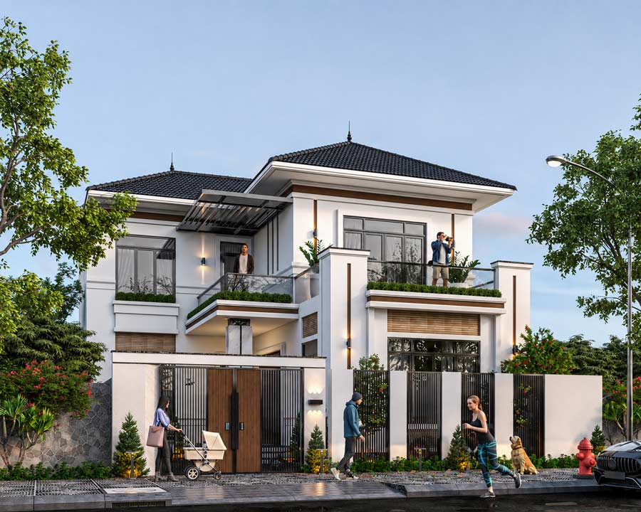 Mẫu nhà 2 tầng mặt tiền 12m chữ L