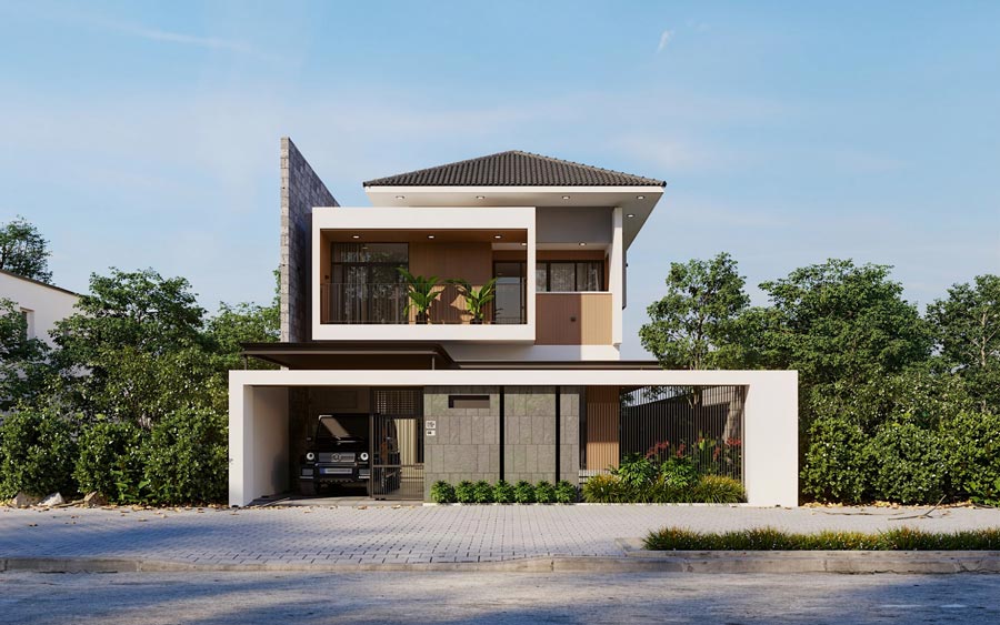 Mẫu nhà 2 tầng mặt tiền 12m hiện đại