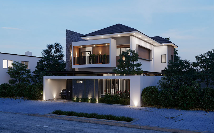 Mẫu nhà 2 tầng mặt tiền 12m hiện đại