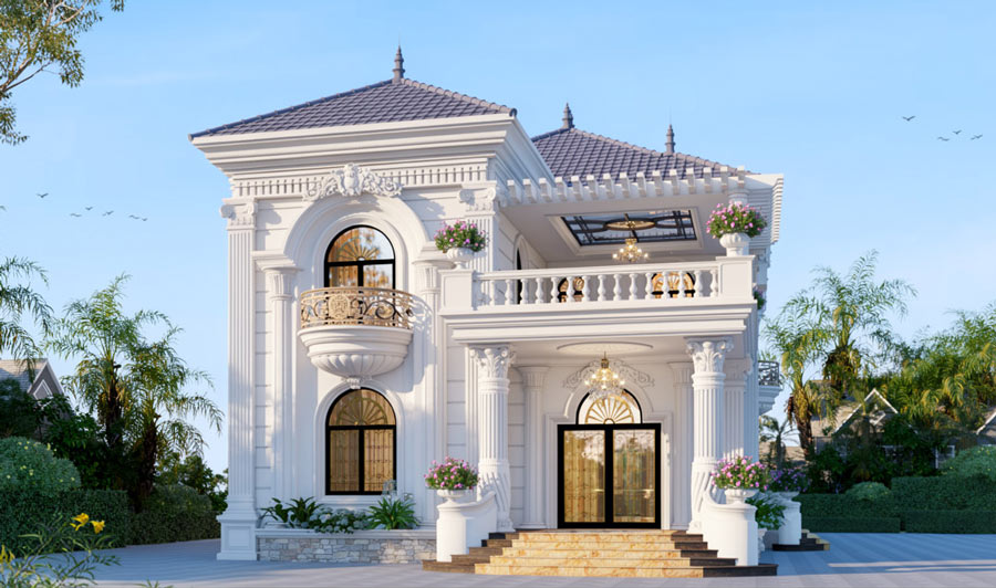 Mẫu nhà 2 tầng mặt tiền 12m kiểu Pháp