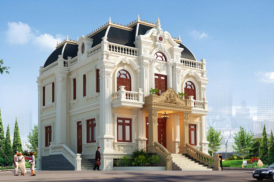 Mẫu nhà 2 tầng mặt tiền 12m mái Mansard