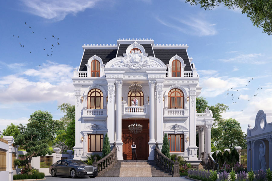 Mẫu nhà 2 tầng mặt tiền 12m mái Mansard