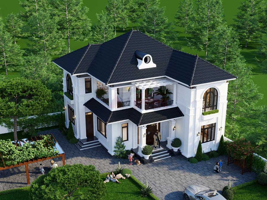 Mẫu nhà 2 tầng mặt tiền 12m mái Nhật