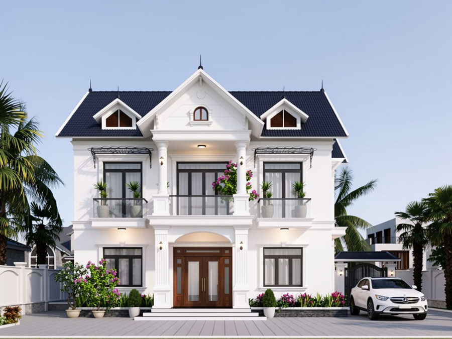 Mẫu nhà 2 tầng mặt tiền 12m mái Thái