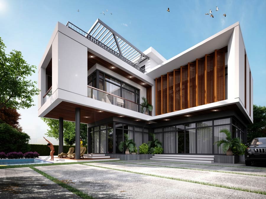 Mẫu nhà chữ L 2 tầng 1 tum 3 phòng ngủ