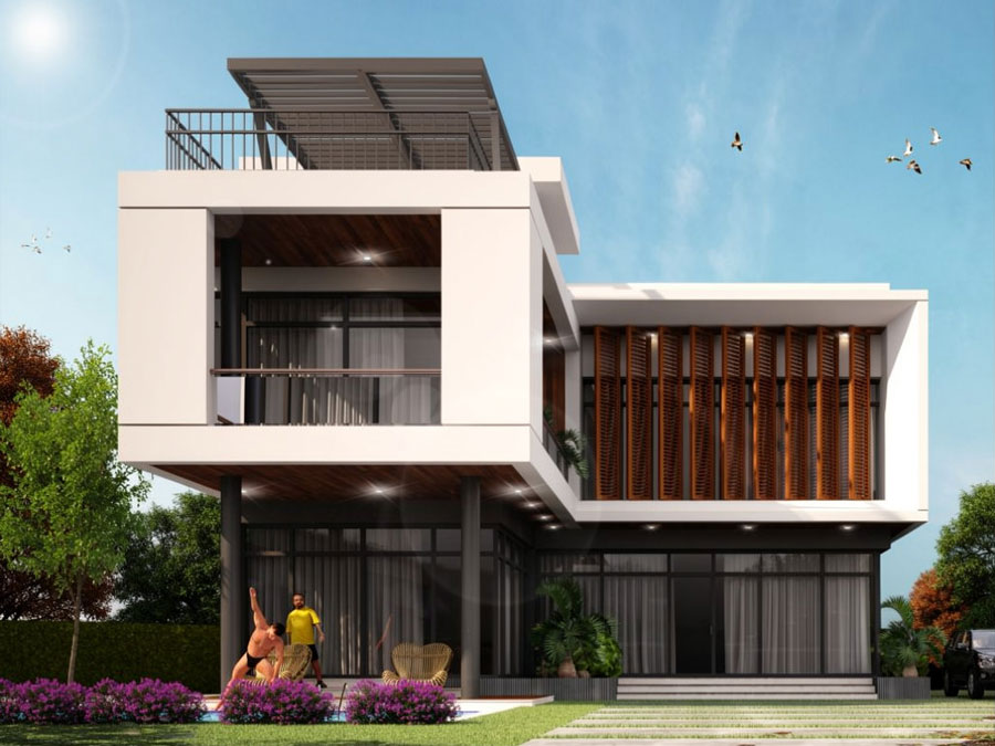 Mẫu nhà chữ L 2 tầng 1 tum 3 phòng ngủ
