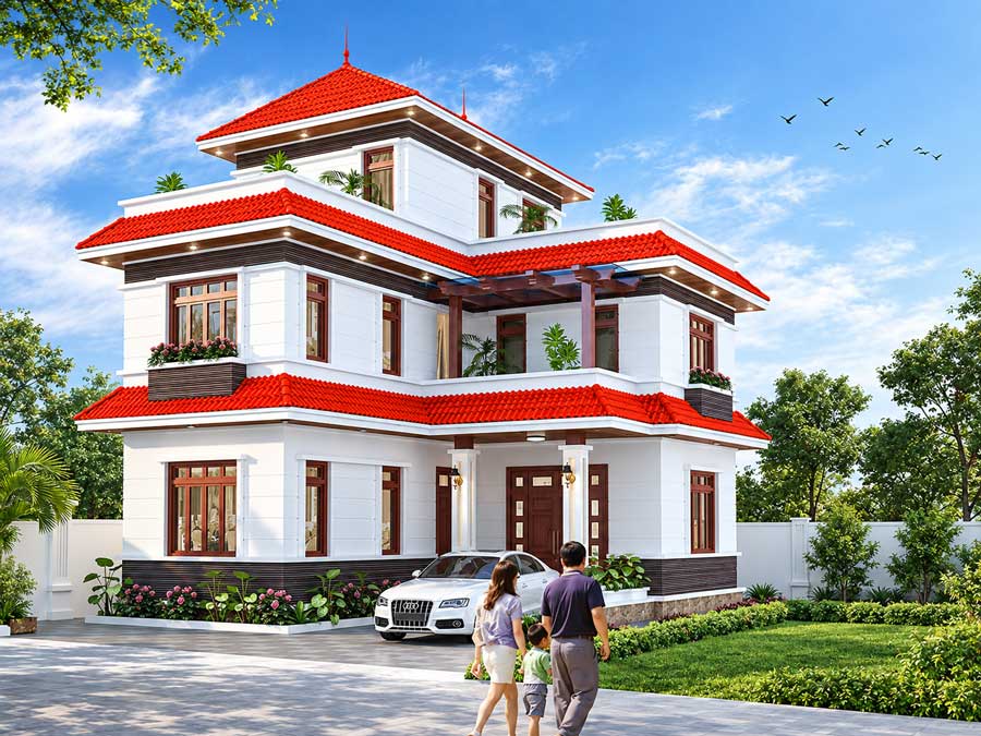 Mẫu nhà chữ L 2 tầng 1 tum 4 phòng ngủ