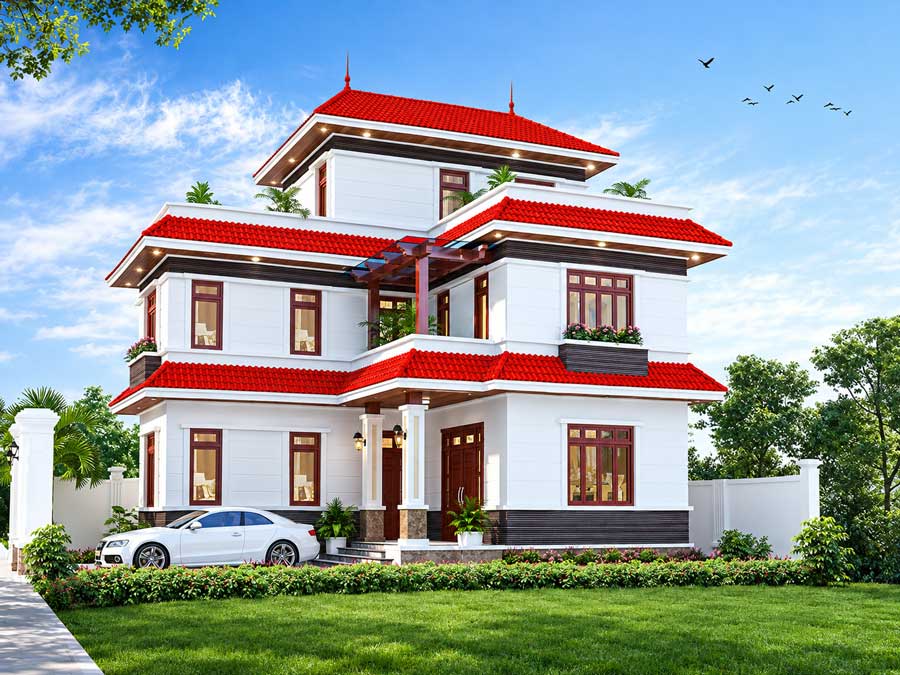 Mẫu nhà chữ L 2 tầng 1 tum 4 phòng ngủ
