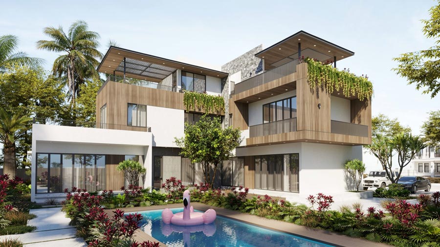 Mẫu nhà chữ L 2 tầng 1 tum 4 phòng ngủ