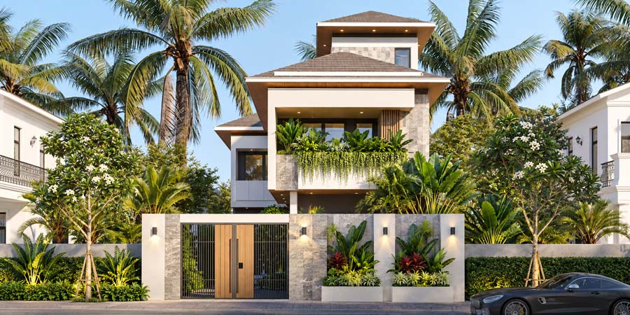 Mẫu nhàchữ L 2 tầng 1 tum có gara