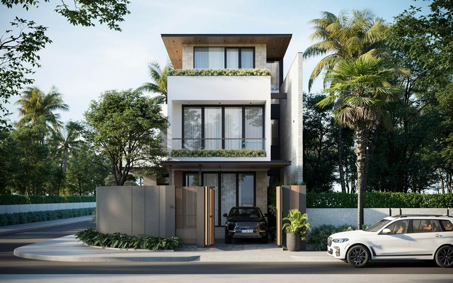 Mẫu nhàchữ L 2 tầng 1 tum có gara