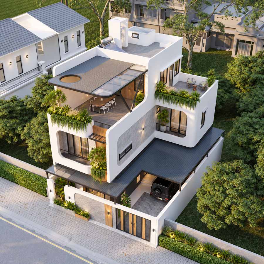 Mẫu nhà chữ L 2 tầng 1 tum có sân thượng xanh