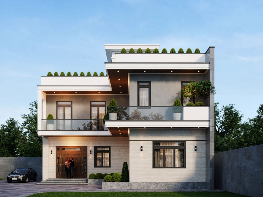 Mẫu nhà chữ L 2 tầng 1 tum hiện đại