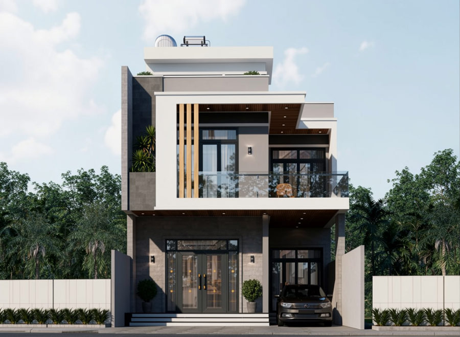 Mẫu nhà chữ L 2 tầng 1 tum hiện đại