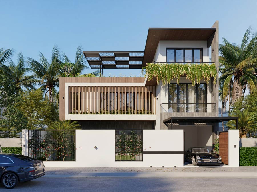 Mẫu nhà chữ L 2 tầng 1 tum mái bằng