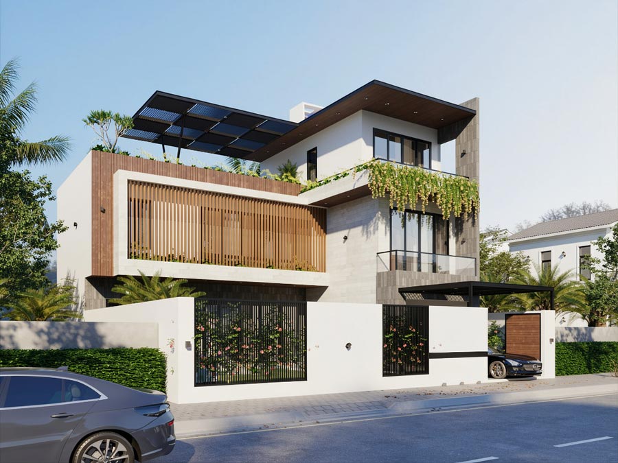 Mẫu nhà chữ L 2 tầng 1 tum mái bằng