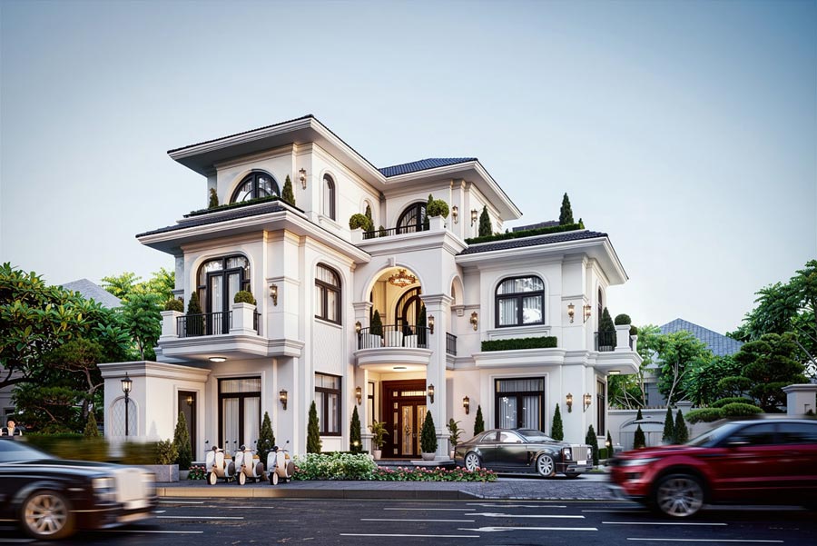 Mẫu nhà chữ L 2 tầng 1 tum tân cổ điển