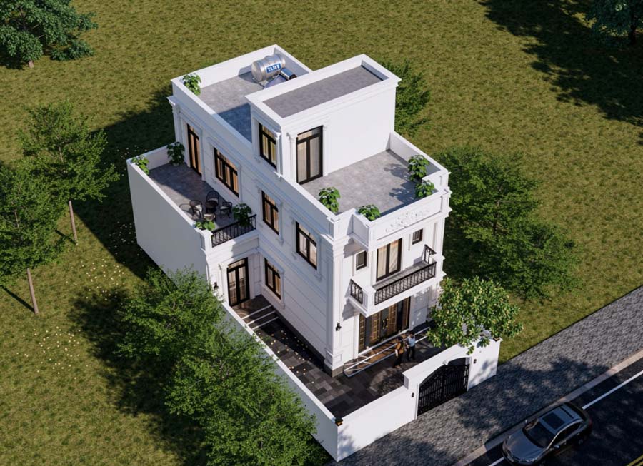 Mẫu nhà chữ L 2 tầng 1 tum tân cổ điển