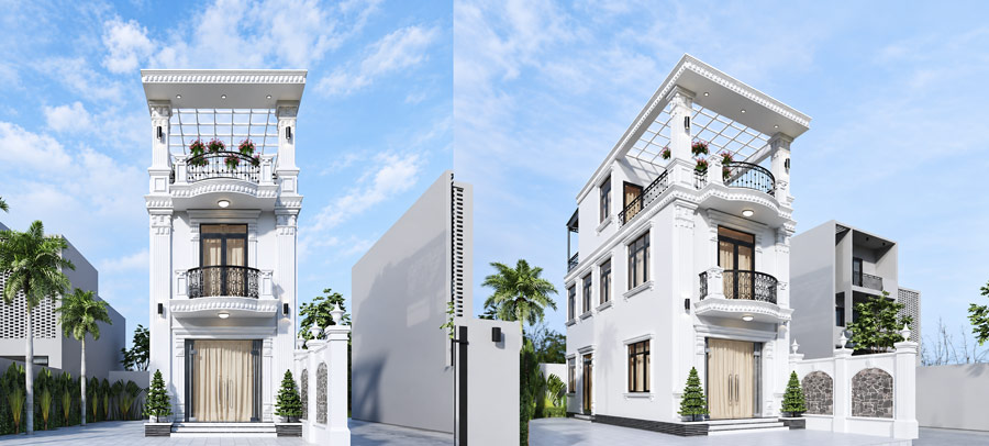 Mẫu nhà đẹp 2 tầng 1 tum 4x11m tân cổ điển
