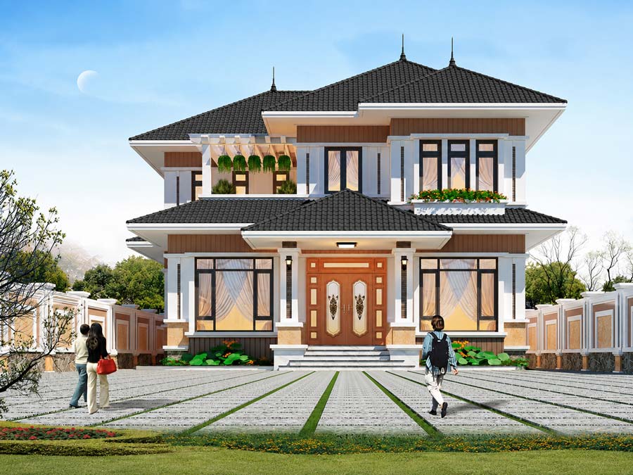 Mẫu nhà vườn 2 tầng mặt tiền 12m